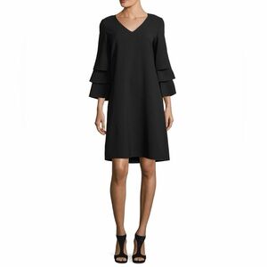 LAFAYETTE 148 Black VELEZ Tiered Ruffle Bell Sleeve V-Neck Shift Dress.